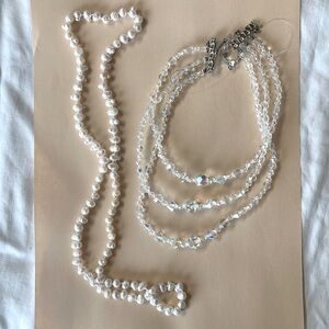 Set of 2 antique costume necklaces, iridescent beaded & 3 strands & beaded